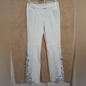 St. John Collection Cream and Navy Floral Flare Pants
